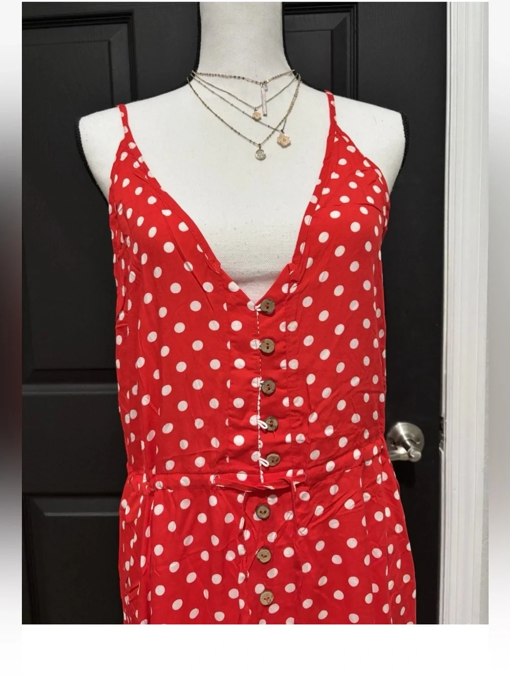 Red Polka Dot Midi Dress Lightweight Flowy Boho Spaghetti Strap XL - Picture 6 of 9